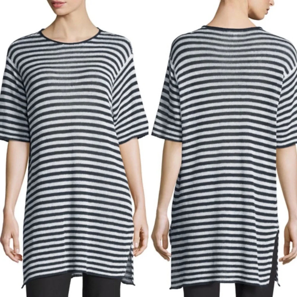 New Eileen Fisher Striped Organic Linen Tunic Graphite White NWT Casual